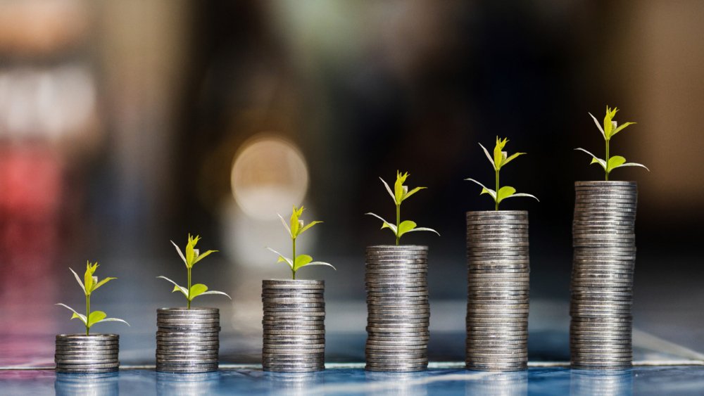 step of coins stacks with tree growing on top, money, saving and investment or family planning concept, motion blured background.